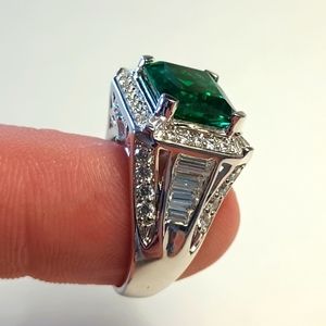 Stirling Silver Ring with CZ Diamonds and emerald